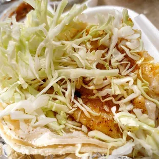 Blackened Fish Taco (with buttery flour tortilla, from Two Taco Combo; extra cabbage requested)