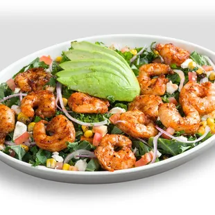Grilled Shrimp &amp; Avocado Salad, shrimp, kale, seasoned olive oil, avocado, corn, tomato, feta, red onion, parsley, with a lime vinaigrette.