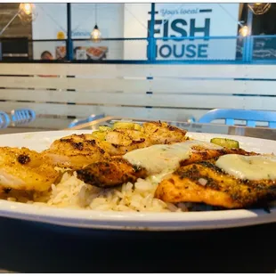 Grilled Steelhead Trout w/ Shrimp skewer, zucchini and rosemary and rice. #ItsAMansWorld #CaiforniaFishGrill