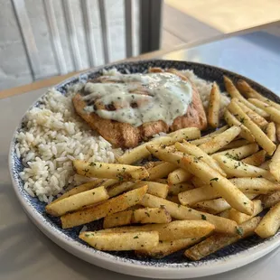 Salmon platter with rice and fries!!