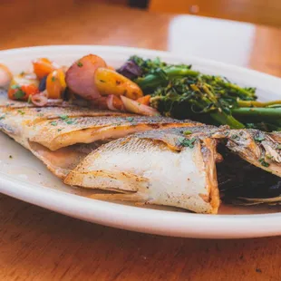 Nicely done branzino, the seared skin is so crispy