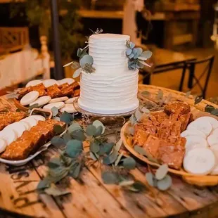 Custom order tiered cake, brownies and custom sugar cookies