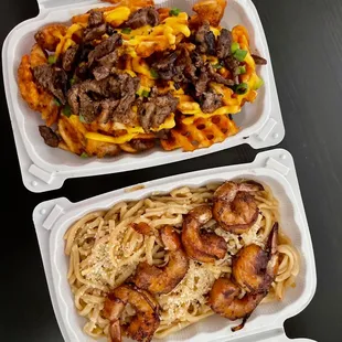 Waffle Fries with Beef and Garlic Noodles with Salt &amp; Pepper Shrimp