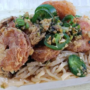 Salt and pepper shrimp with garlic noodles.