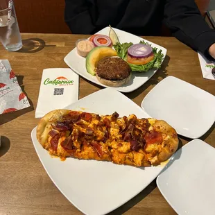 Turkey burger and buffalo chicken bacon pizza yes thank you