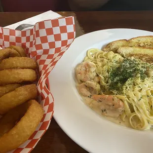 Onion Rings and Shrimp Alfredo Pasta