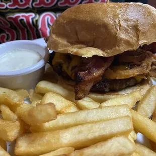 Western Bacon Burger with side of frys and can&apos;t forget the ranch!