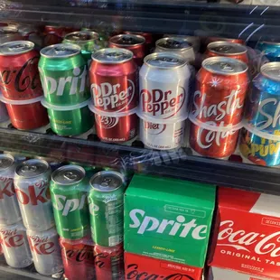 a display of sodas and soft drinks