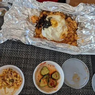 Kim chi fried rice plus egg, and ban chan