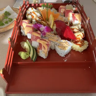 a tray of sushi