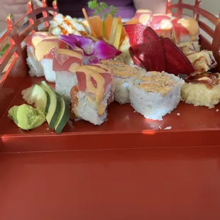 a close up of a plate of sushi