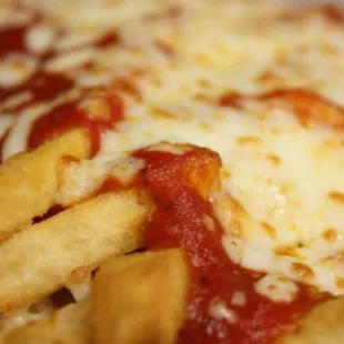 a closeup of a plate of french fries