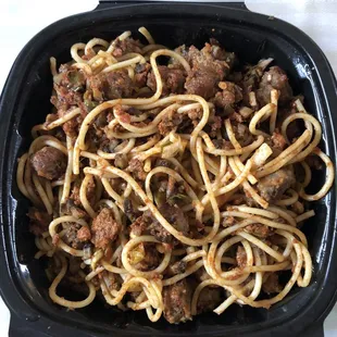 Unappetizing bolognese spaghetti. So sad.