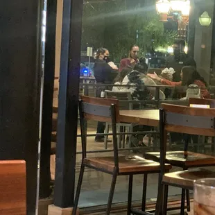 Definitely didn't feel comfortable eating after seeing staff member pass a dog around.   Pet hair on my food? No thanks.