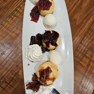Butter cake flight (from the top: apple and cherry compote, fudge brownie crumble, and maple bacon)