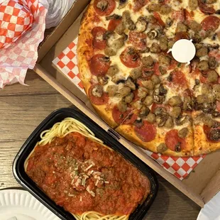house special pizza, pasta with chef's meat sauce