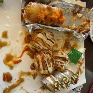 Lion king, spicy tuna roll and a spicy albacore roll