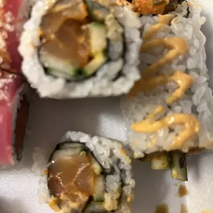 Spicy salmon roll. Skip the salmon in all of your rolls. It doesn't look like salmon and has a foul aftertaste.