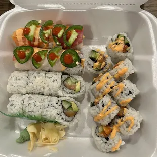 Sushi to go! Spicy Tuna Roll - R10, Alaskan and Spicy Rainbow - R56
