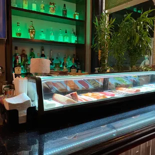 a sushi display in a restaurant