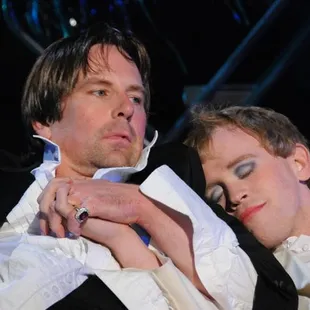 Stephen Barker Turner as Orsino and Alex Morf as Viola/Cesario in TWELFTH NIGHT (2008). Photo by Jay Yamada.