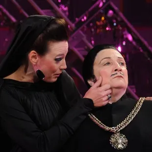 Dana Green (Olivia) and Sharon Lockwood (Malvolio) in TWELFTH NIGHT (2008). Photo by Jay Yamada.