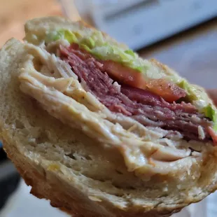 a hand holding a sandwich