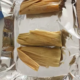 Chicken, pork and pepper and cheese tamale