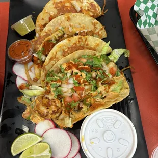 3 Super Crispy birria tacos ( marinated shredded beef ) w/Consome