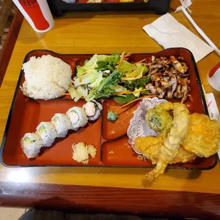 Teriyaki Chicken Box special...includes teriyaki chicken, rice, tempura, salad and california roll. All for only $14.75!
