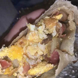 a hand holding a burrito