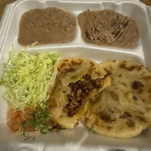 Gordita's with pork  plate.  Double refried beans.