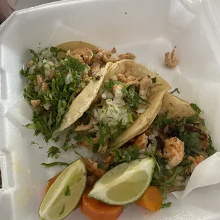 2 shrimp tacos, 1 chicken taco