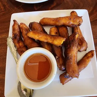 Fried sweet potato. It was sweet and the sauce was tangy.