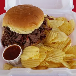 Tri Tip Sandwich served with chips, $10 as of 20181005.  Well done only. Not much flavor, but fairly tender. slices were more like shreds.