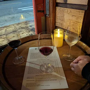 two glasses of wine and a menu