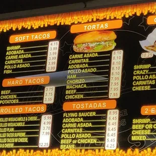 Menu, burritos tacos tortas tostada&apos;s quesadillas enchiladas