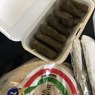 Grape leaves n a bag of pita bread