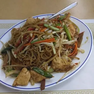 Special Vietnamese Lo Mein (Cabbage, Carrot, Green Onion, Bean Sprout and your choice of meat stir fried with thin egg noodle) with chicken