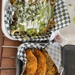 carne asada fries and birria tacos dorado