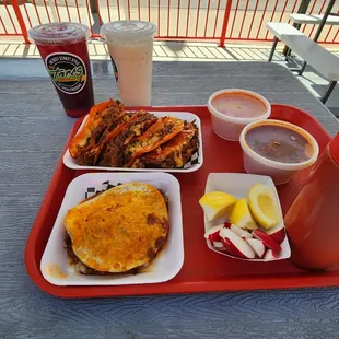 Queso birria tacos, consome, mulita birria, Jamaica, horchata