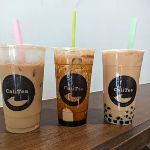 Iced latte (soy milk), brown sugar milk tea, coffee tea w/ boba