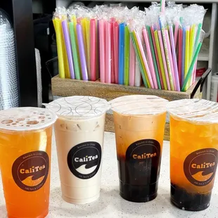 Left to Right: Pineapple grapefruit, Cali Milk Tea, Thai Milk Tea, &amp; Peach Cantaloupe