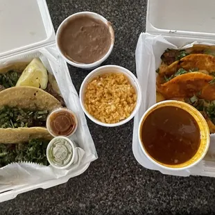 Carne asada tacos and quesobirria tacos with consome Small side of rice and beans