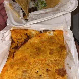 Birria Quesdilla and Carne Asada tacos