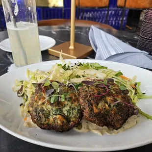 Crab cakes - packed full of . Creamy dressing instead of East Coast Old Bay seasoning