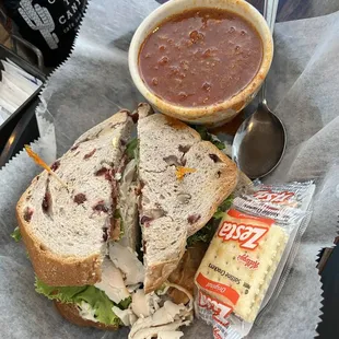 Clarkdale Club Sandwich on Cranberry Walnut Bread with a Side of Chili
