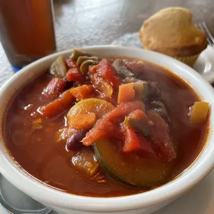 A bowl of Vegetable Chili with a corn muffin.  They both were quite good.