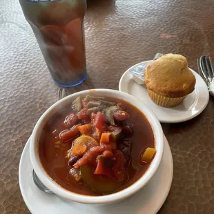 Vegetable chili - bowl.  Very tasty!  And the accompanying corn muffin was perfect.
