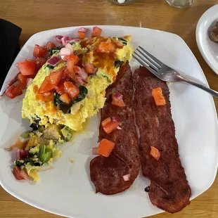 Garden omelette (jalapeno &amp; turkey added) with side of turkey bacon. Yum!!